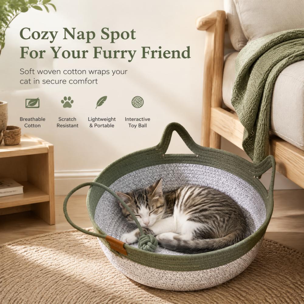 Hand-woven cotton cat basket interactive claw nest with rocking toy tail four-season breathable pet bed green cat nest + toy ball small