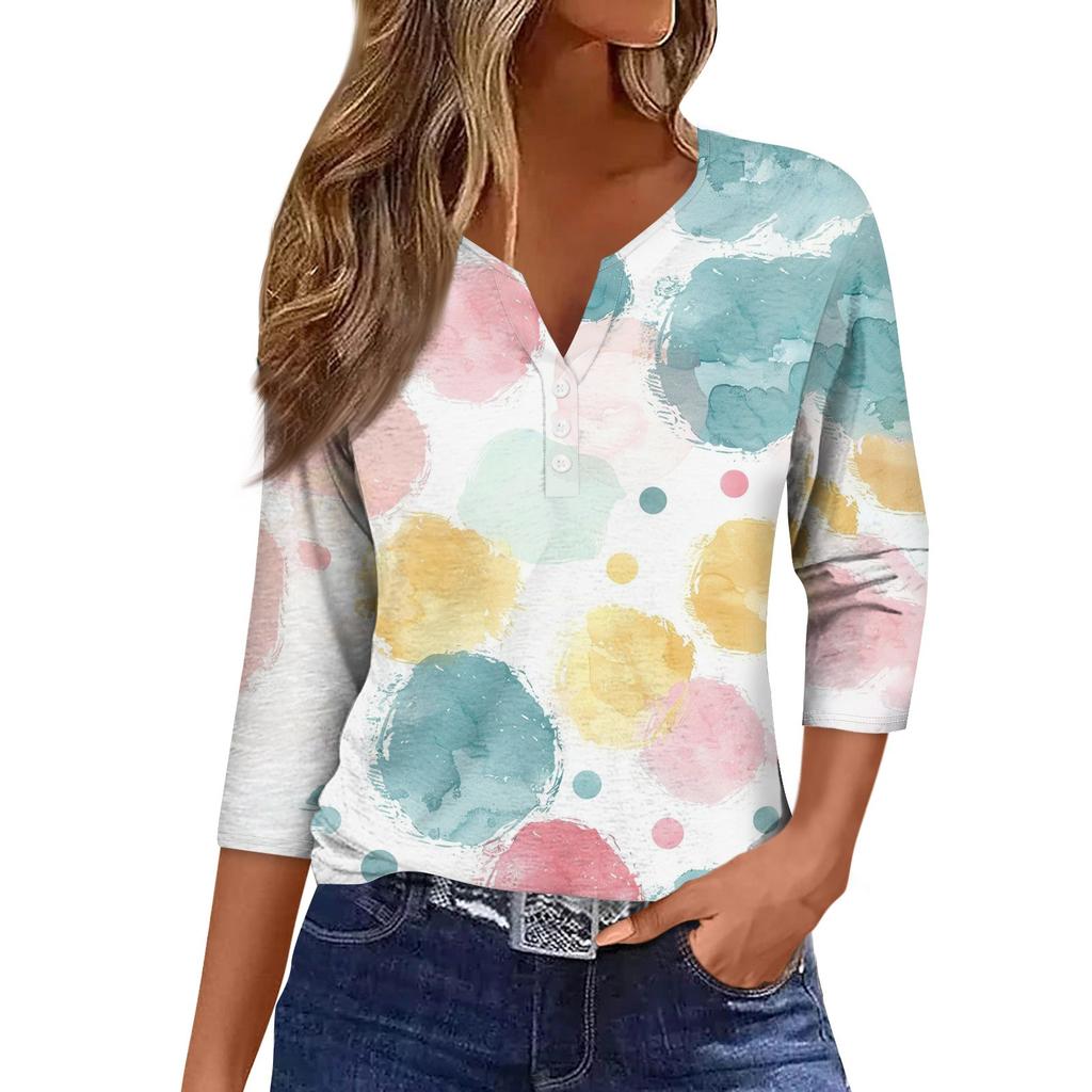 Женская модная повседневная футболка с коротким рукавом и V-образным вырезом, декоративными пуговицами и рукавом три четверти