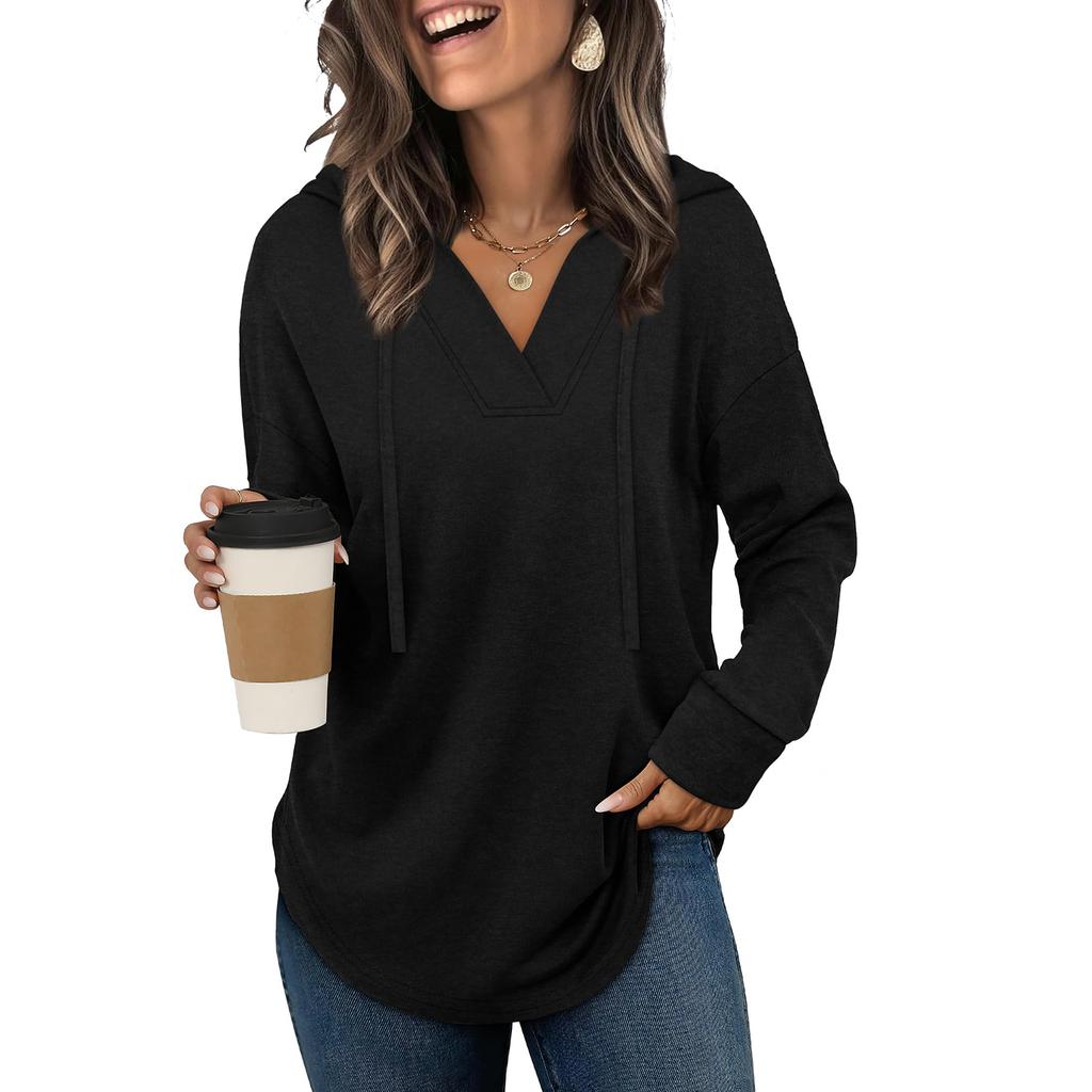 Women's Fashion Solid-Color Long-Sleeve Hooded V-Neck Casual Sweatshirt Top