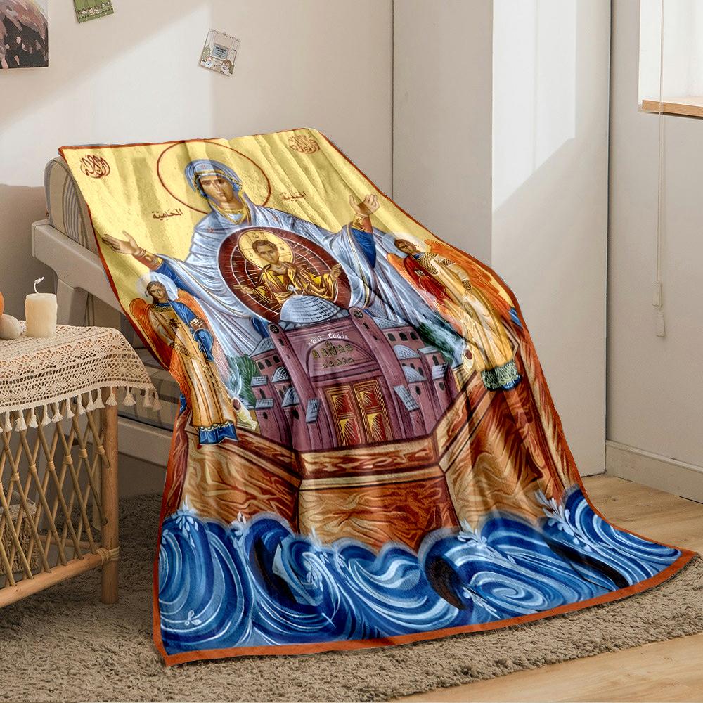 "Religious Icon Blanket with Holy Figures Design"Flannel blanket for bedroom, living room, sofa, and nap