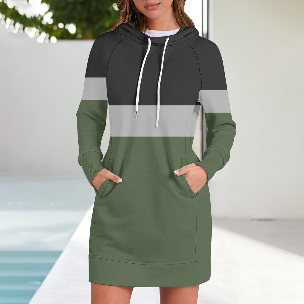 Женские осенние топы с длинным рукавом, круглый вырез, лоскутная толстовка, повседневные платья с рукавом реглан и капюшоном