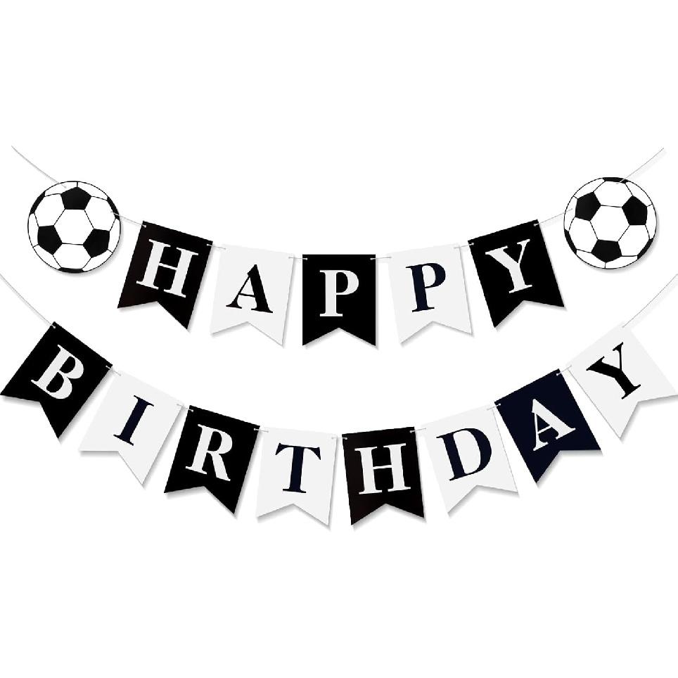 Soccer Happy Birthday Banner Black White, Personalized Letters Name Banner Sign, Birthday Garland Wall Door Banners Flag for Boys Girls Party