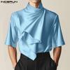 Men Satnd Neck Short Sleeve Ireegular Layers Casual Satin T-shirts Tops