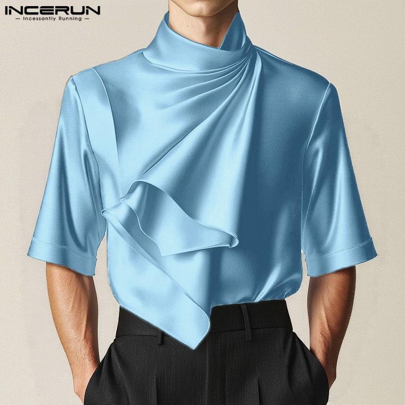 INCERUN Men Satnd Neck Short Sleeve Ireegular Layers Casual Satin T-shirts Tops