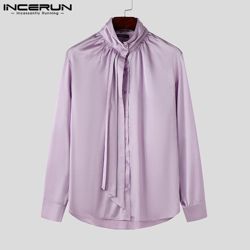 INCERUN Men High Neck Tie Up Ruffled Solid Shirts Casual Long Sleeve Tops