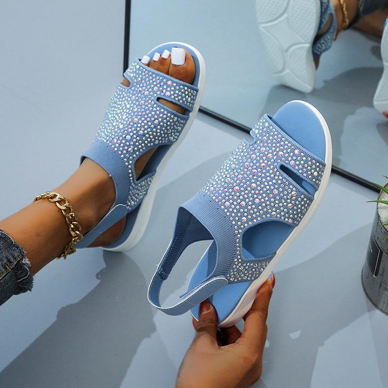 Summer Velcro Fly-woven Elastic Cloth Fish Mouth Sandals Women's Breathable Large Size Hollow Rhinestone Sandals Siz-3