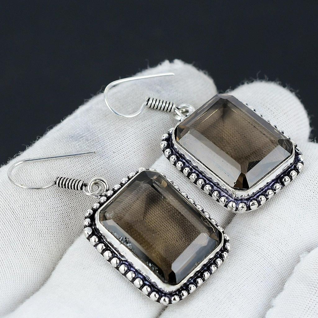 Smoky Topaz Gemstone Earring, 925 Sterling Silver Earring, Boho Silver Earring Jewelry, Bohemian Earring For Gifts, Women's Jewelry Earring