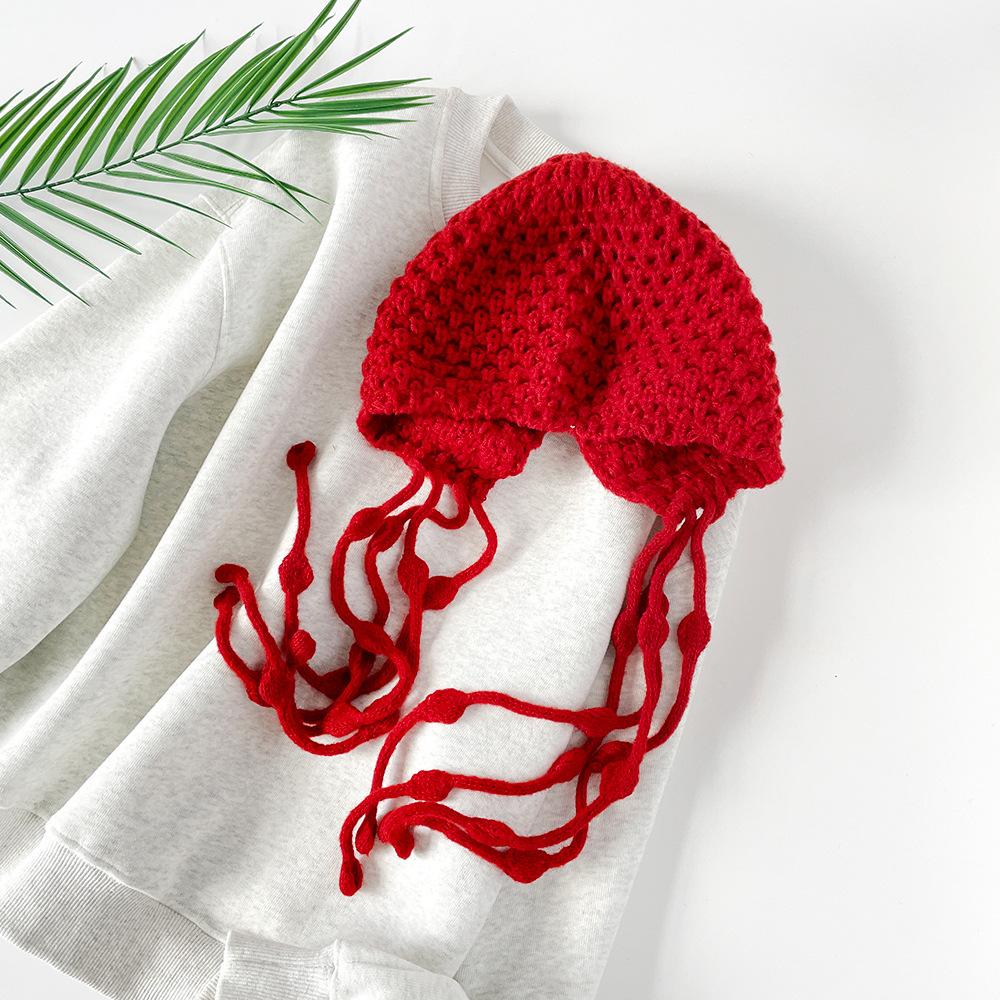 Сладкая ажурная вязаная сумка, шапка, осень и зима, для путешествий, для фото, единичный товар, бахрома, красный вязаный шерстяной берет, женский