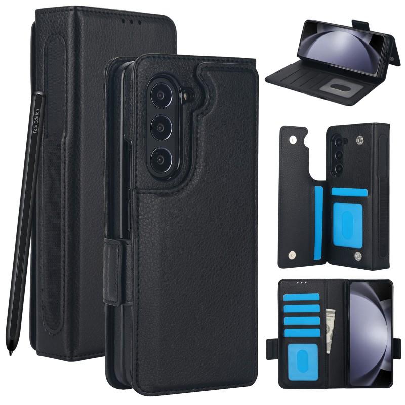 Foldable Phone Case With Card Slot Pen Holder Stand Galaxy Z Fold7 6 5 PU Leather Flip Cover