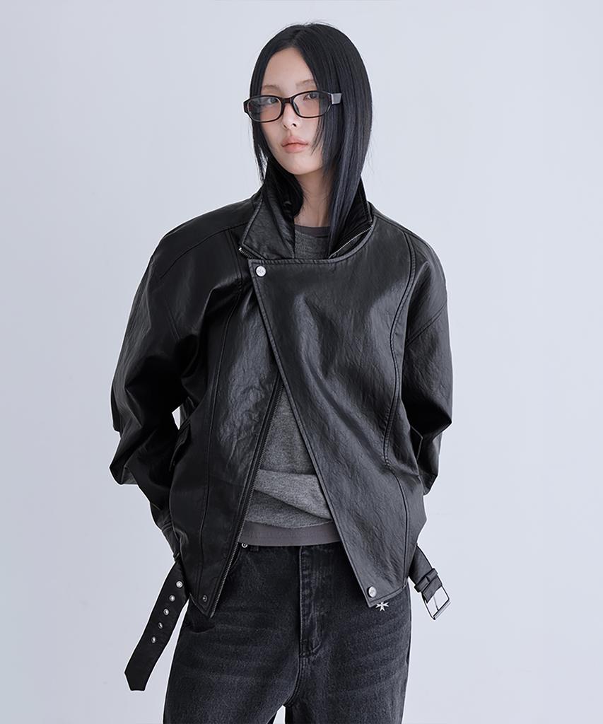 Londonda Belted Oversized Leather Jacket, Black