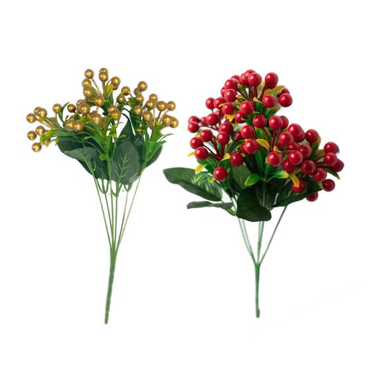Искусственная ветка красного фруктового растения с зелеными листьями, стебель, реалистичное 6 вилок, искусственный золотой шар, новогоднее рождественское украшение дома