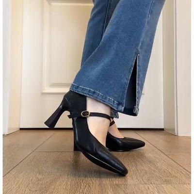 Французские туфли Мэри Джейн с квадратным носком и толстым каблуком, женские, новые 2024 года, в ретро-стиле, с ремешком с одинарной пряжкой, с открытым верхом, на высоком каблуке