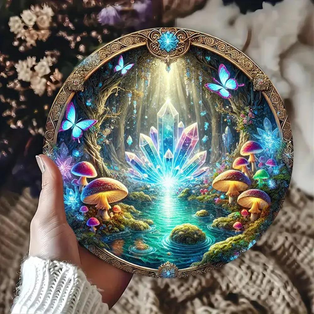Hisun Tin Sign Vintage Enchanted Forest Glowing Crystal Mushroom Round Tin Sign Retro Magical Blue Butterfly Fairycore Themed Metal Wall Art P
