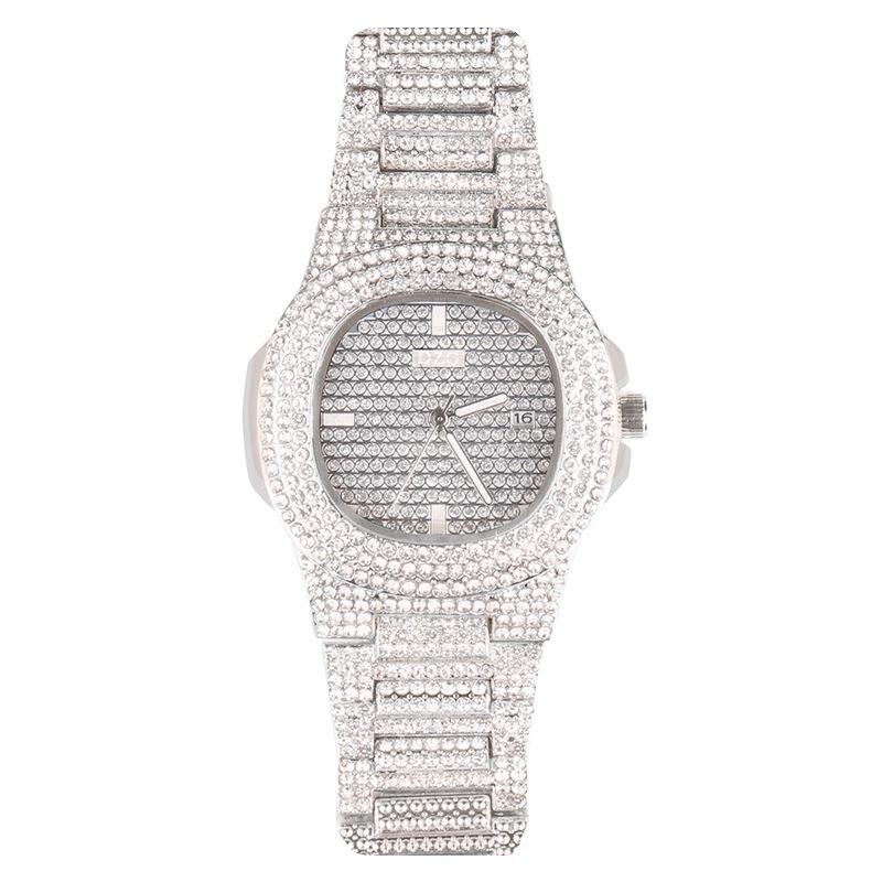 Women's Diamond-Studded Gold Fashion Square Watch with Rhinestone Calendar & Steel Band