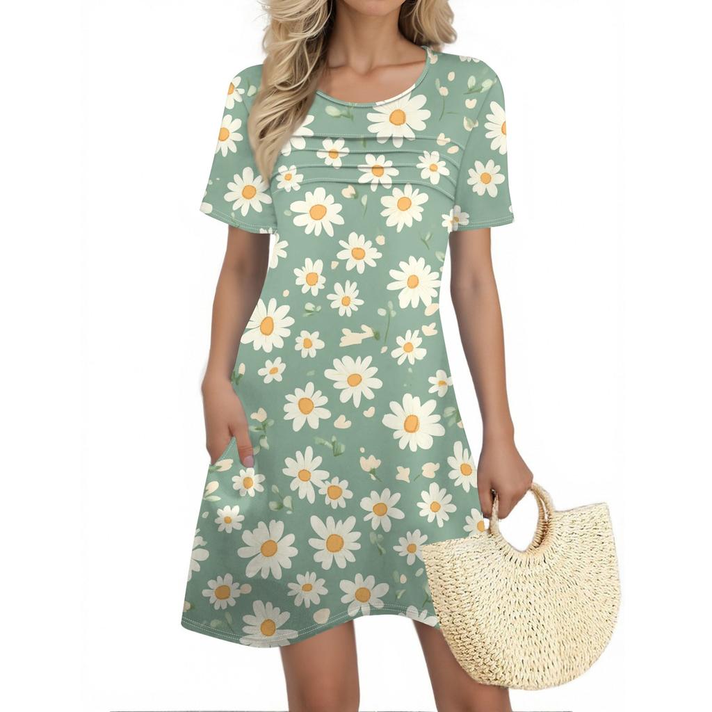 Женские летние платья Женские летние платья с цветочным принтом Повседневные платья с коротким рукавом и круглыми карманами