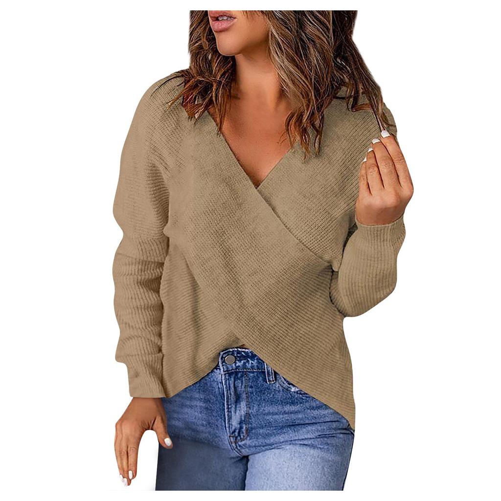 Женский повседневный однотонный свободный вязаный свитер с v-образным вырезом, вязаный свитер в рубчик