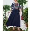 Plus Size Women's New Vintage Print Patchwork Elastic Waist Cover Belly Long Dress