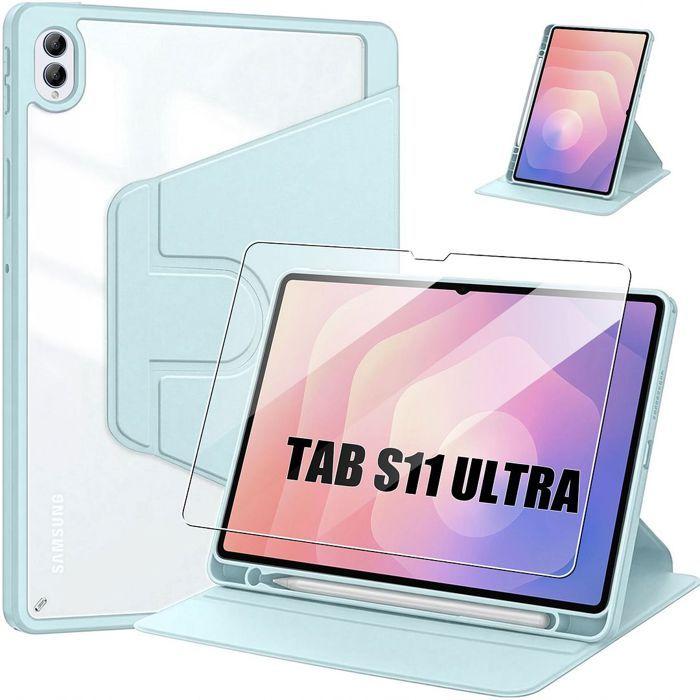 Coque + Verre Trempé pour Samsung Galaxy Tab S11 Ultra/S10 Ultra/S9 Ultra, Antichoc Rotatif - Bleu