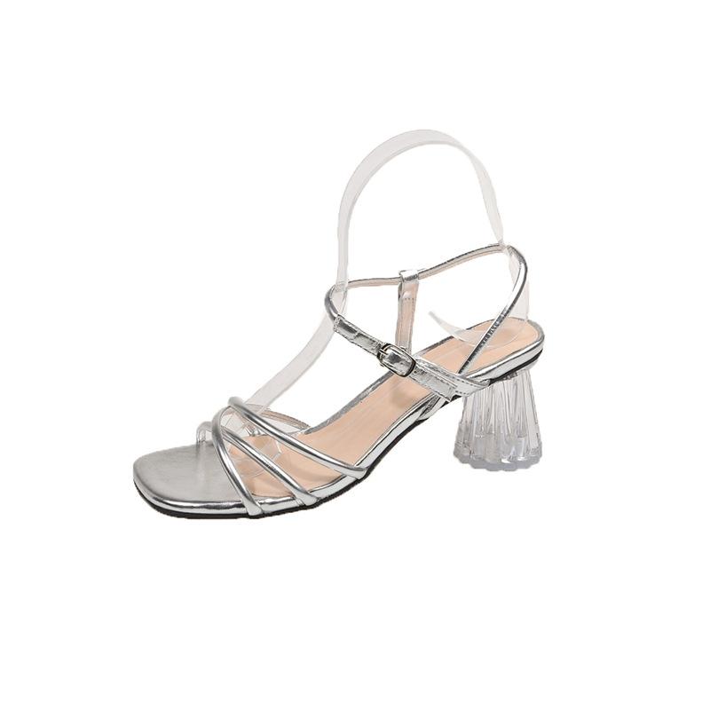 Высокие каблуки женственность высокий смысл простой новый летний большой размер прозрачный толстый каблук со словом модные сандалии