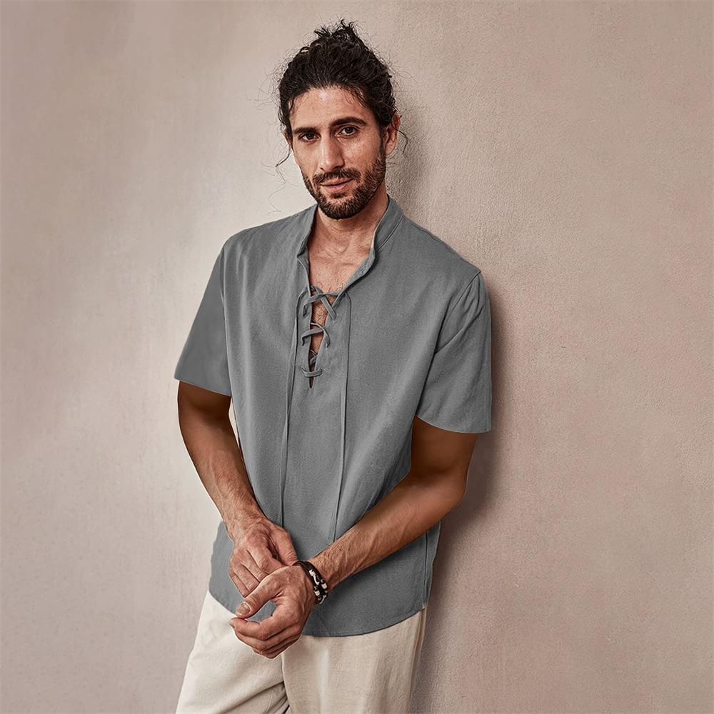 Винтажная футболка с коротким рукавом и V-образным вырезом для мужчин, однотонная, из хлопка и льна, дышащая, легкая, стильная, модная, мужские топы