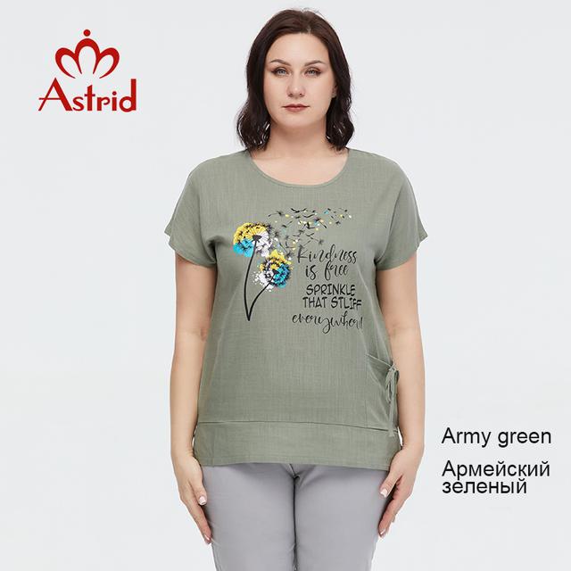 Летняя женская футболка Astrid, новинка 2023 года, хлопково-льняной топ, футболка большого размера с короткими рукавами, модный узор, женская одежда с буквенным принтом