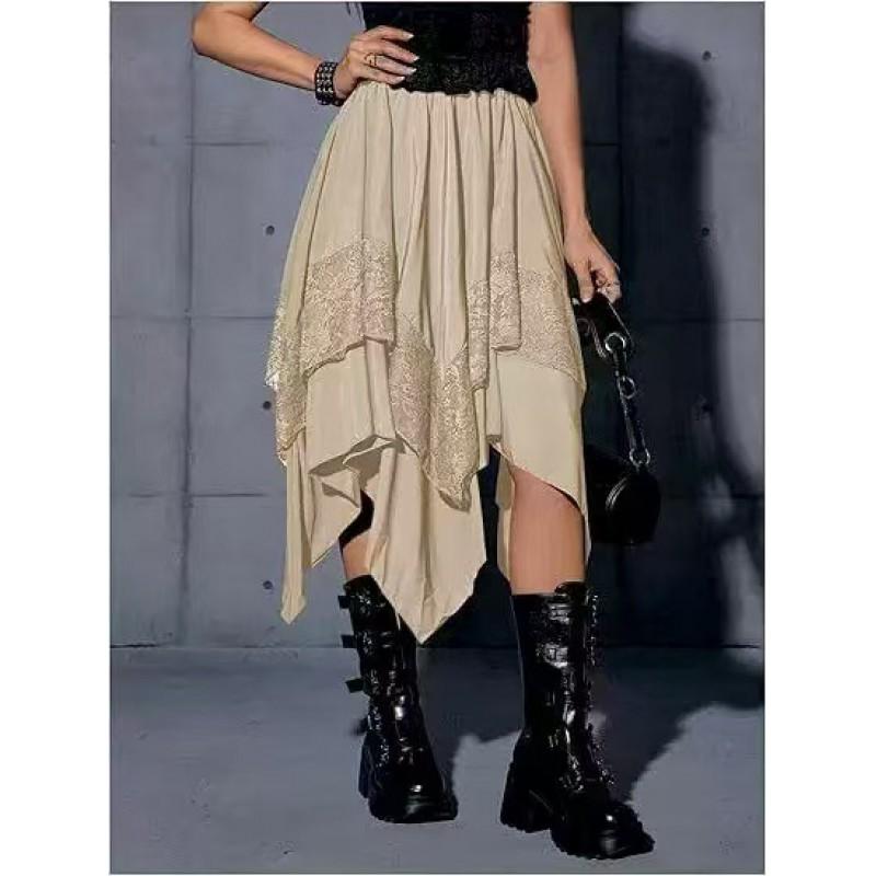 Womens Renaissance Style Midi Skirt Asymmetrical Patchwork Solid Color Teens To Middle-aged
