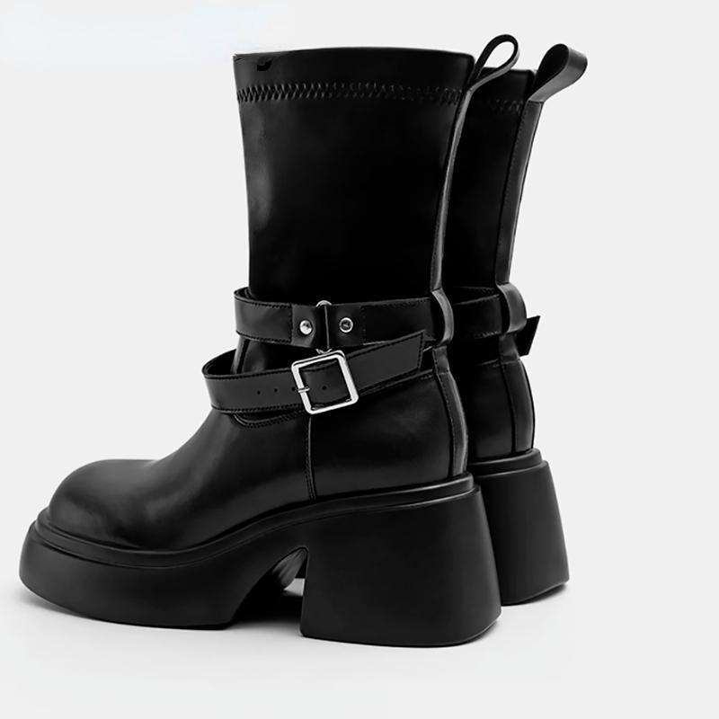 Модные модные ботинки из мягкой кожи на платформе, толстые ботильоны на толстом каблуке, эластичные женские ботинки до середины голени 2024 года, Botas Mujer