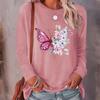 Топы для женщин с принтом бабочки и цветка, с круглым вырезом, с длинным рукавом, футболка, осенний повседневный тонкий пуловер, женский топ с длинным рукавом