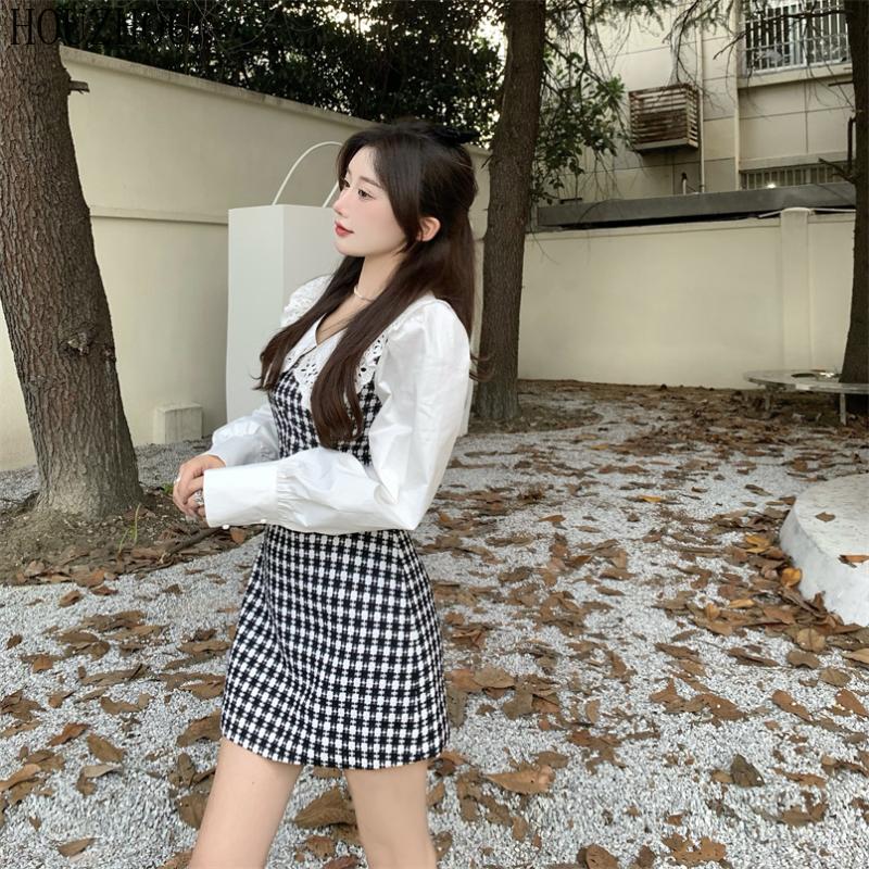 HOUZHOU Платье в клетку с кукольным воротником, женское платье из двух частей, милое элегантное шикарное платье феи в корейском стиле