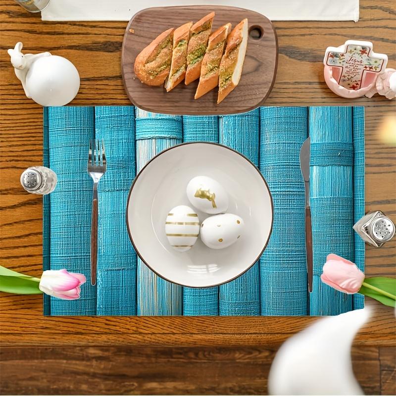 4pcs Spring Placemats - Turquoise Blue Vertical Bamboo Fabric Design, Heat-Resistant Polyester Table Mats for Indoor/Outdoor Use, Farmhouse Kitchen &