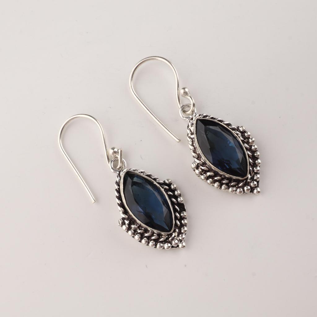 Серебряные серьги с топазом London Blue 1,6", стерлинговое серебро 925 пробы, ручная работа, свадебные украшения с топазом AEE-4-9