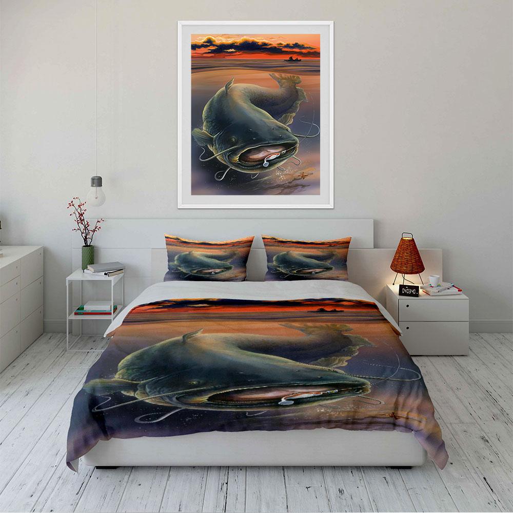 Catfish Sunset Fishing Scene Bedding Duvet Cover Set  (1*Duvet Cover 2*Pillowcases, without duvet insert)