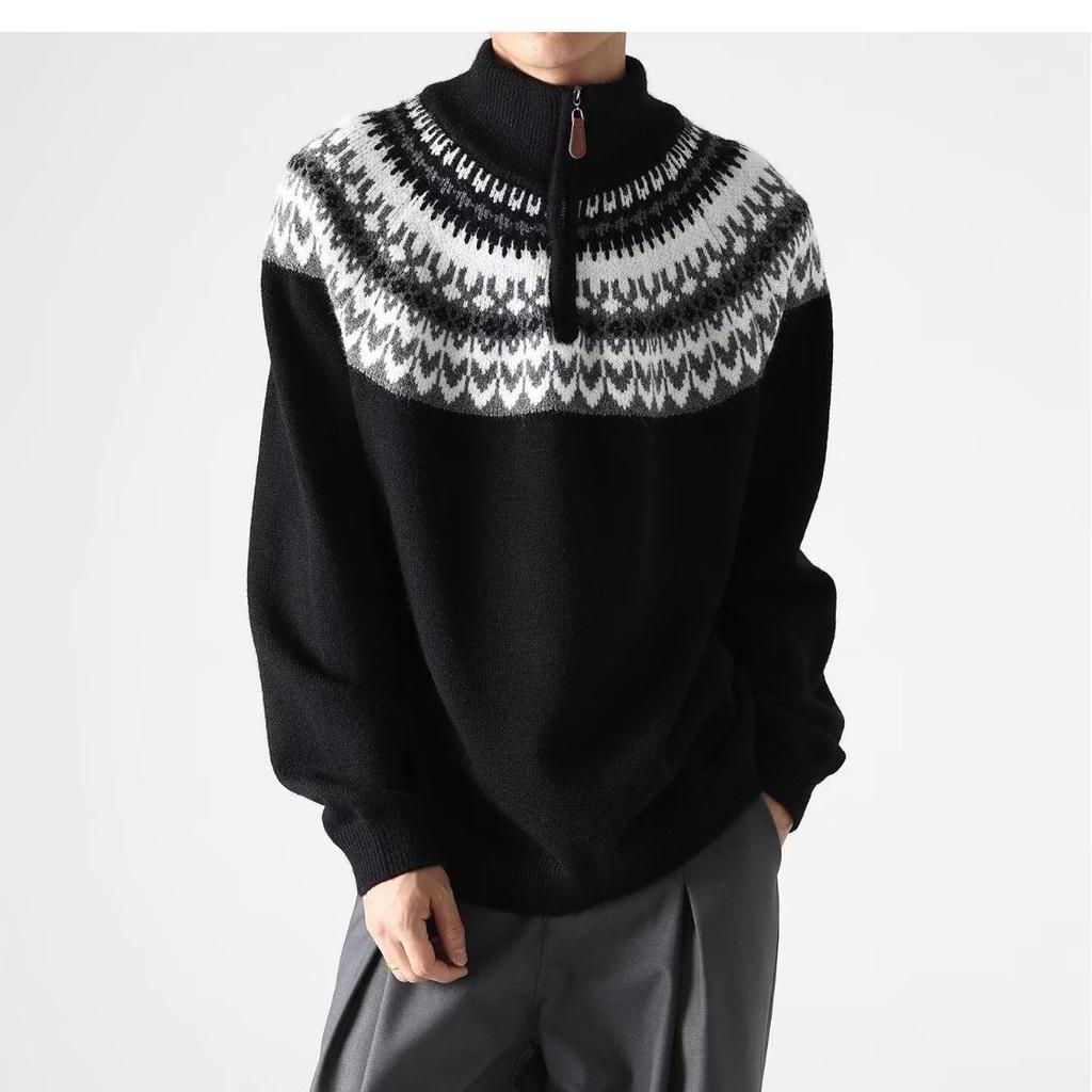 Мужской ретро вязаный свитер с жаккардовым узором и молнией на половину - Осенне-зимний стиль