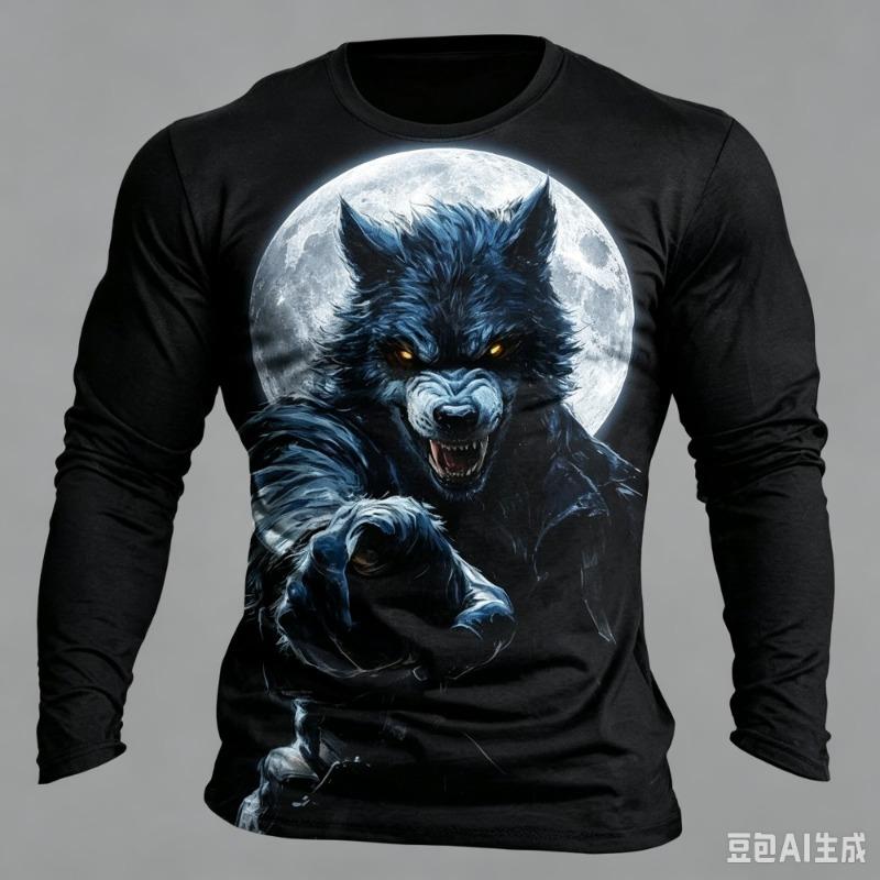 Werewolf Full Moon Pattern 3D Printed Men's Long-Sleeved T-Shirt - Fashionable and Cool - Outdoor Street Sports Breathable Top