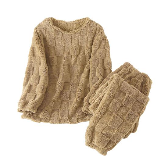 2 Pcs/Set Winter Pajamas Set Thickened Coral Fleece Checked Texture Round Neck Long Sleeves Top Wide Leg Elastic Waist Trousers Homewear Loungewear