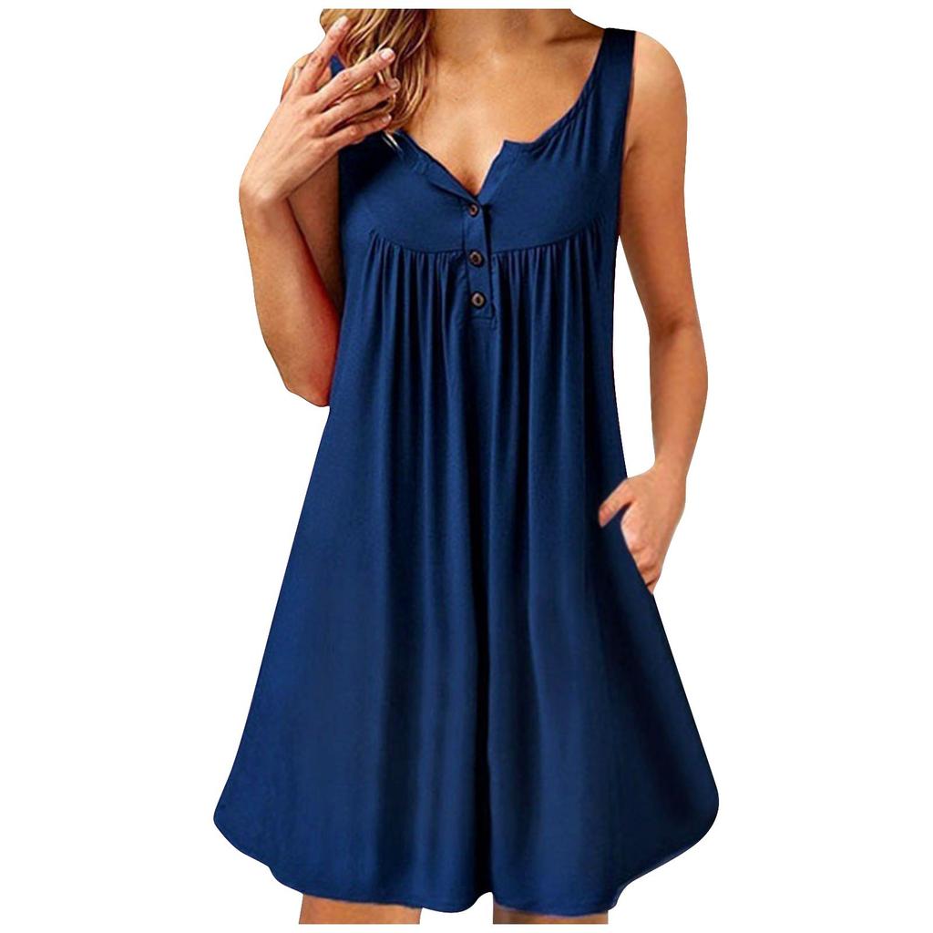 Женское модное повседневное платье с v-образным вырезом без рукавов, однотонный жилет на пуговицах, пляжная юбка
