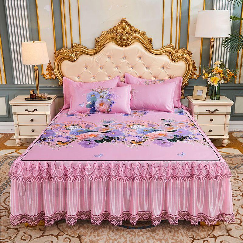 3 шт./лот, комплект двуспальных простыней, классическая кружевная королевская синяя простыня, юбка, можно стирать в машине, свадебное покрывало, наматрасник