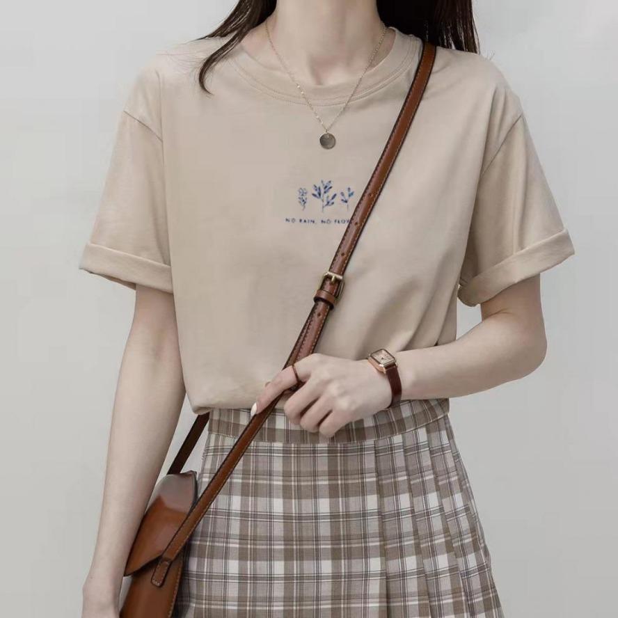 Summer Women Crew Neck T-shirt Loose Casual Solid Botanical Print Short Sleeve Tee T-shirts and Long Sleeves