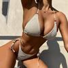 Women Sexy 2 Pieces Suit Knitted Hollow Out Swimsuit Triangle Thong Padded Bikini Halter Lace-Up Swimwear Backless Bathing Suits