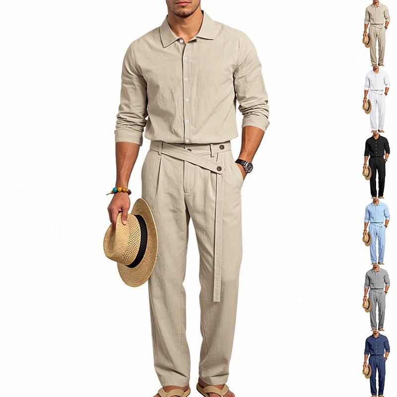 Men's Spring Autumn Linen Casual Set Loose Button-Down Collar Long Sleeve Shirt & Pants Two-Piece Outfit