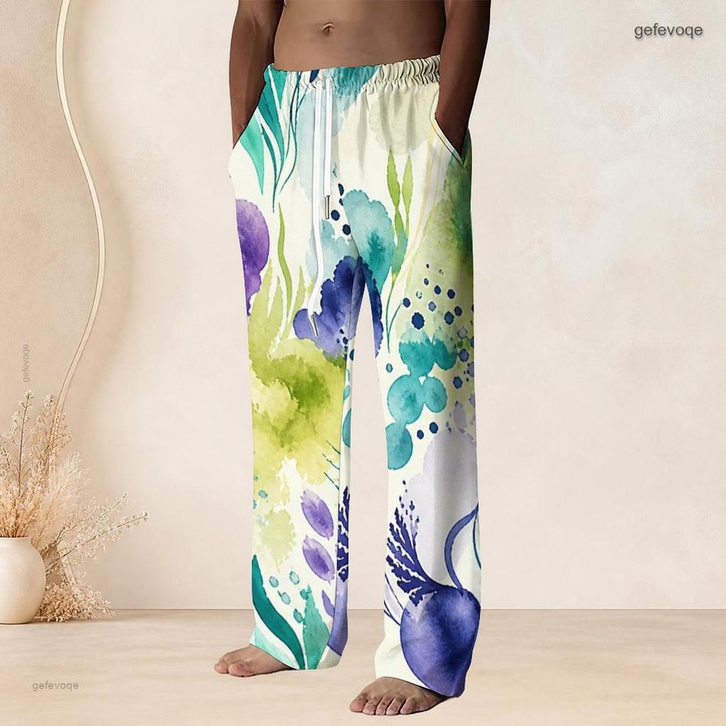 Men s Plus Size Navy Blue Printed Drawstring Waist Straight Leg Beach Pants With Pockets