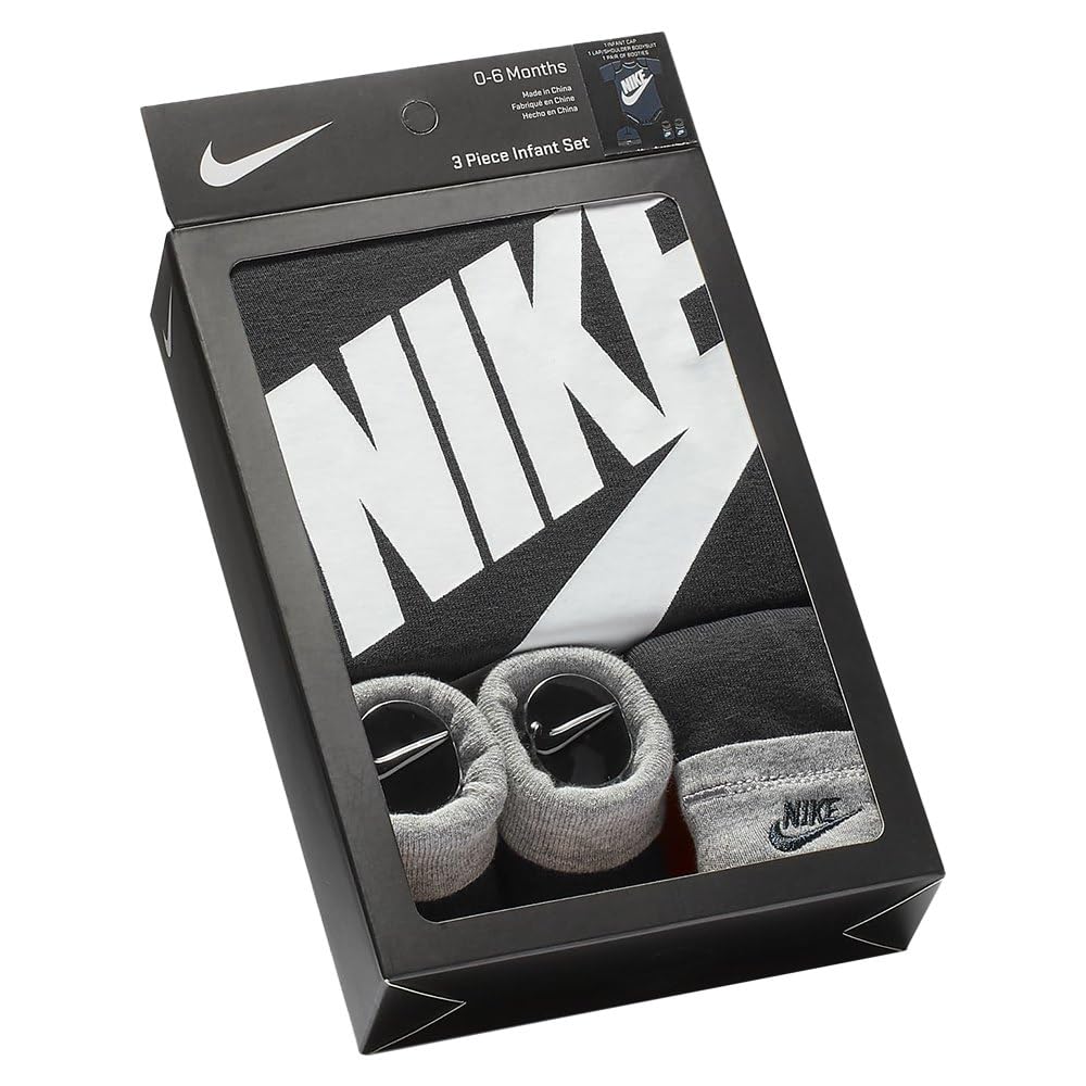 Nike Набор вязаных вещей и носков для малыша с коробкой Размеры Месяцы Комбинезон, Шапочка, 3 предмета (Черный, 6-12 (74-82см))