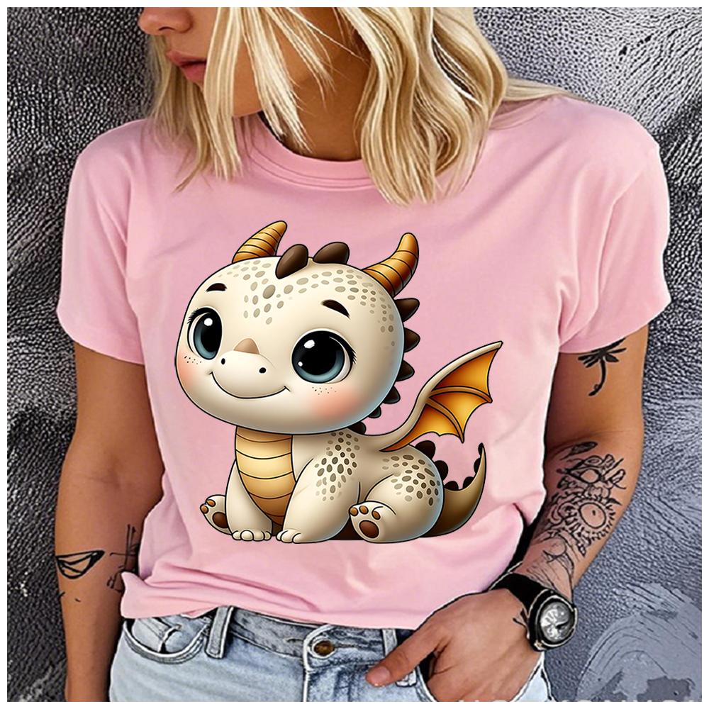 Unisex 100% Polyester Summer Top A super cute cartoon dragon Print Loose round Neck Short Sleeve Fashion for Lovers