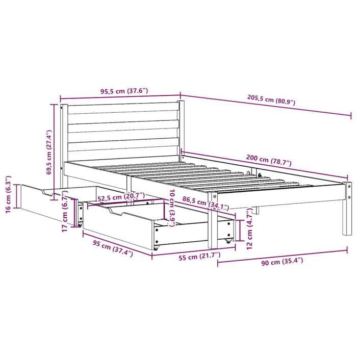 VidaXL Cadre de lit avec tiroirs 90x200 cm bois de pin massif, sommier, cadre de lit simple, cadre de lit en bois massif, 3301534