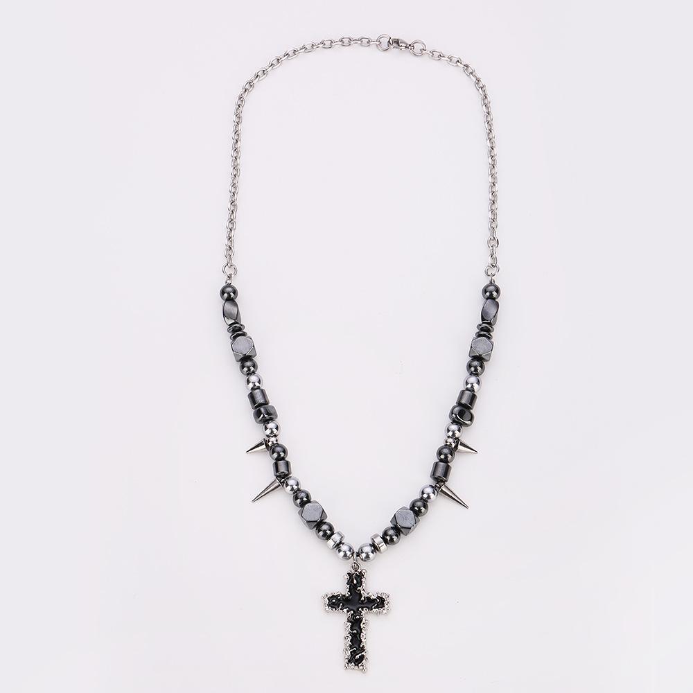 European and American Cross Gothic Stainless Steel Pointed Cone Black Gallstone Fringed Necklace for Men and Women