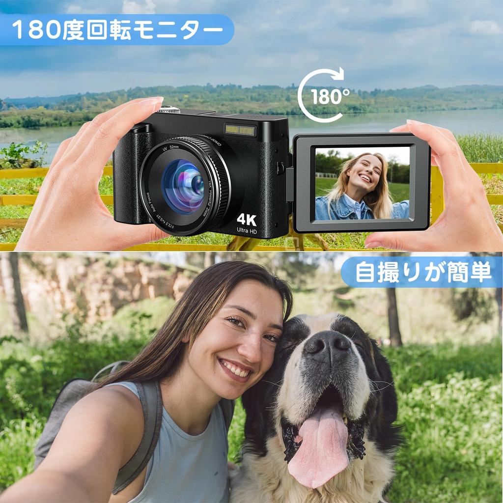 Zostuic Цифровая камера 4K 48-мегапиксельная цифровая камера Поворотный экран на 180 градусов Удобное селфи 16-кратный цифровой зум Стабилизатор изображения Автофокус 3 дюйма