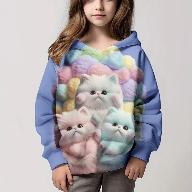 Толстовка с капюшоном для девочек с рисунком кота из мультфильма, детская одежда для девочек от 1 до 12 лет, удобная толстовка с длинным рукавом, детская одежда