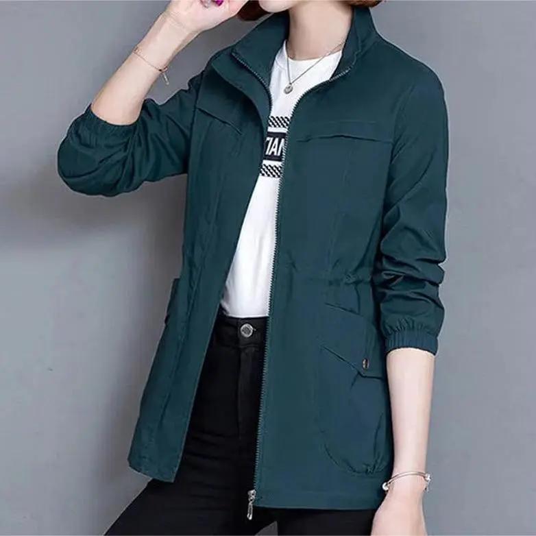 Women's Spring and Autumn Design Double-layer Zipper Collar Waist Thin Trench Coat Solid Color Slim Elegant Jacket