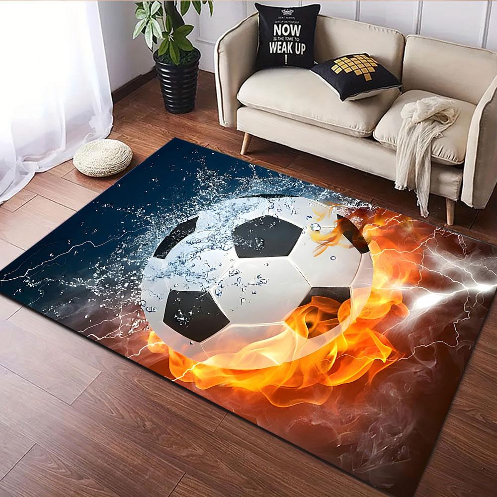 "Fiery Soccer Ball in Water Splash" Patterned carpet, suitable as a non slip play mat for the living room and bedroom sofa