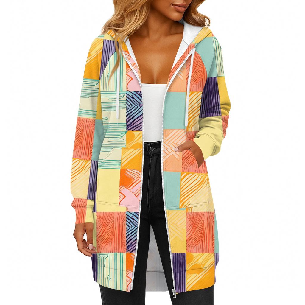 Women's Fashionable Printed Long Sleeved Drawstring Hooded Zipper Pocket Long Casual Sweatshirt Jacket